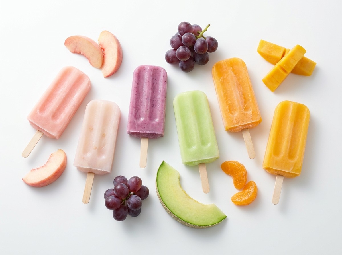 Assorted fruit ice bars — peach, grape, melon, mandarin and mango