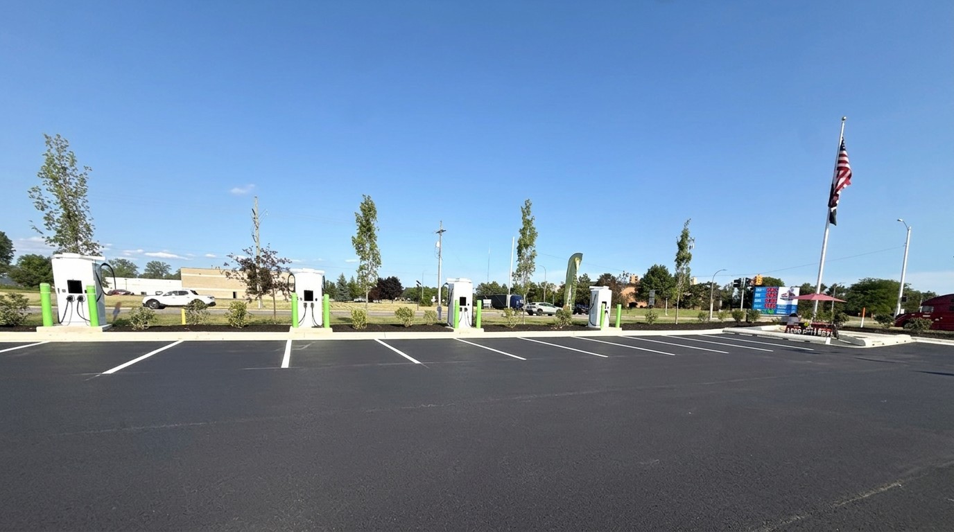 EV charging stations at Dominick's Market in Taylor, Michigan — bank of fast chargers in the lot
