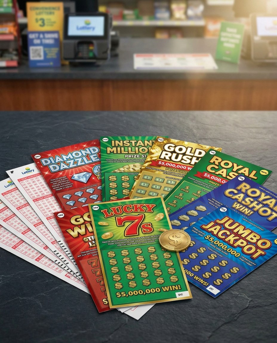 Michigan Lottery scratch-off tickets and play slips at Dominick's Market