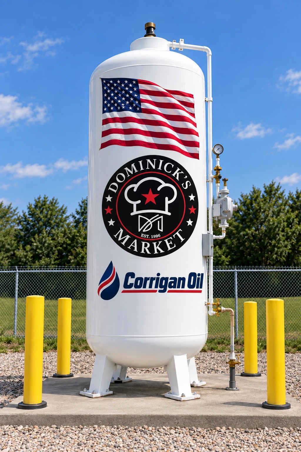 The new Dominick’s Market propane station coming to Taylor, Michigan: a large white propane tank branded Dominick’s Market and Corrigan Oil, with yellow safety posts and fencing.